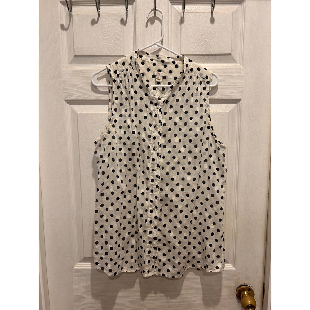 J.Crew Womens Polka Dot Sleeveless Cotton Button Down Blouse Ivory Navy Size 14